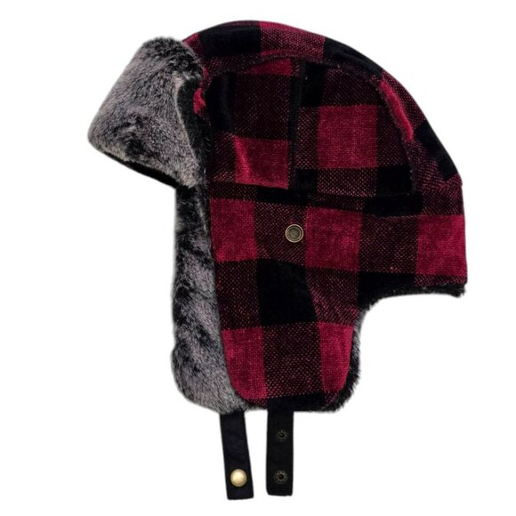 VTG Woolrich Trapper Hat Buffalo Plaid Ear Flaps Faux Fur-Lined Cap Red Black - Picture 4 of 12